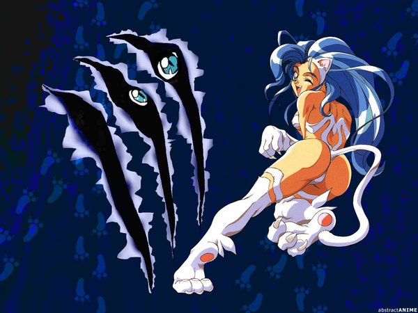 Anime picture 1024x768 with vampire / darkstalkers (game) felicia open mouth light erotic blue hair one eye closed wink from behind cat girl girl