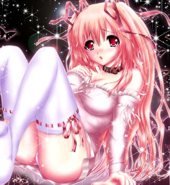 Anime picture 1113x1215 with nohoho (kakikonchi) single long hair tall image blush open mouth light erotic red eyes pink hair pantyshot girl thighhighs ribbon (ribbons) hair ribbon detached sleeves white thighhighs