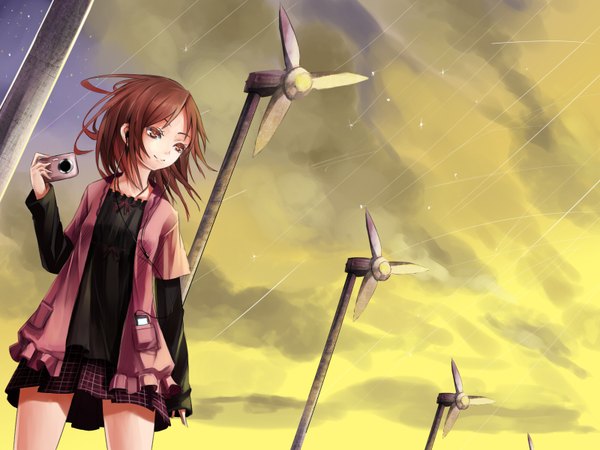 Anime picture 1600x1200 with original ipod single fringe short hair smile brown hair brown eyes sky cloud (clouds) long sleeves rain girl dress jacket headphones camera wind turbine