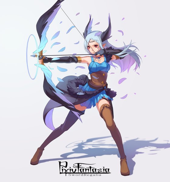 Anime picture 2000x2141 with pixiv fantasia sword regalia selena (pixiv fantasia) fkey single long hair tall image highres red eyes blue hair pointy ears shadow tattoo high heels archery valkyrie girl skirt gloves bow wings