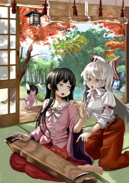 Anime picture 1070x1514 with touhou fujiwara no mokou houraisan kaguya inaba tewi emerane long hair tall image open mouth black hair red eyes sitting multiple girls white hair bunny ears girl bow plant (plants) hair bow tree (trees) 3 girls