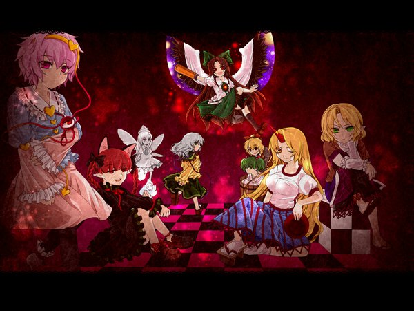 Anime picture 2000x1500 with touhou komeiji koishi komeiji satori reiuji utsuho kaenbyou rin mizuhashi parsee hoshiguma yuugi kurodani yamame lily white kisume n-mix highres blonde hair red eyes brown hair green eyes animal ears pink hair silver hair red hair