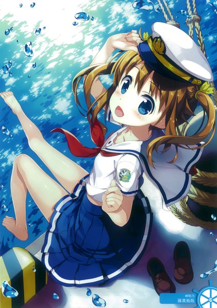 Anime picture 2700x3840 with high school fleet misaki akeno fujima takuya single long hair tall image looking at viewer blush highres open mouth blue eyes brown hair sitting twintails scan official art bare legs girl skirt miniskirt