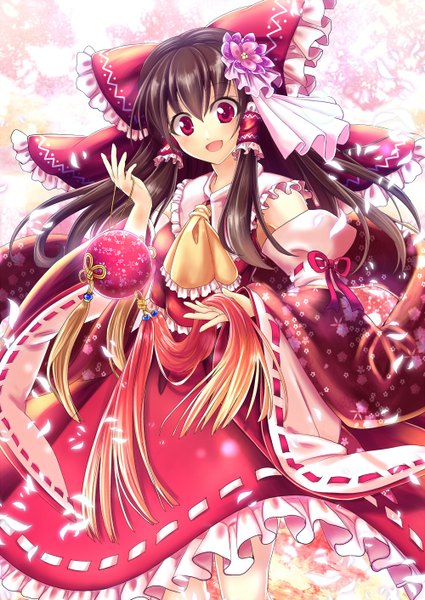 Anime picture 1000x1412 with touhou hakurei reimu fuepo single long hair tall image looking at viewer red eyes brown hair traditional clothes hair flower miko girl skirt hair ornament flower (flowers) bow ribbon (ribbons) hair bow detached sleeves