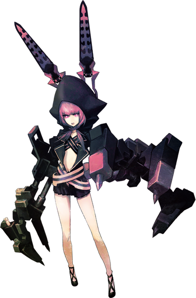 Anime picture 542x821 with black rock shooter nafhe huke single tall image fringe open mouth light erotic twintails animal ears purple hair blunt bangs pink eyes open clothes bare legs low twintails fake animal ears lacing mechanical mechanical arms