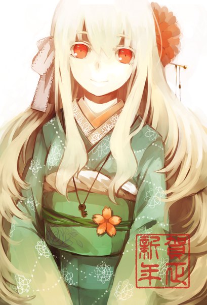 Anime picture 1228x1800 with kagerou project shaft (studio) mary (kagerou project) kozakura mary lemontea single long hair tall image looking at viewer fringe simple background blonde hair smile red eyes white background traditional clothes japanese clothes hair flower hieroglyph girl
