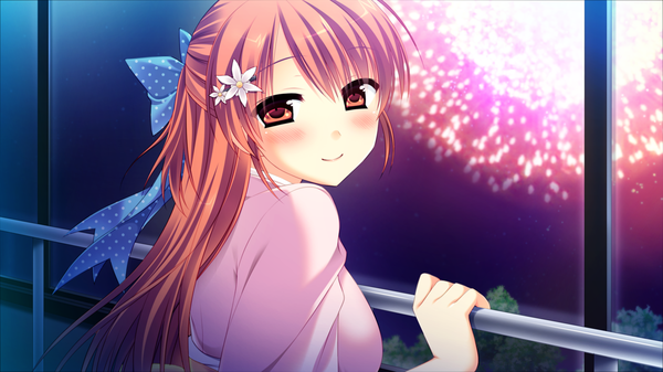 Anime picture 1280x720 with natsu koi high pressure shinonome misaki ayamisiro single long hair looking at viewer smile brown hair wide image brown eyes game cg traditional clothes japanese clothes looking back hair flower night night sky turning head half updo fireworks
