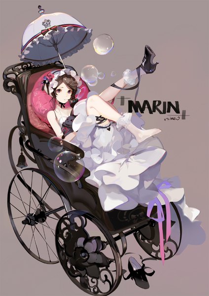 Anime picture 800x1131 with original nineo single tall image looking at viewer fringe simple background brown hair brown eyes signed lying leg lift (legs lift) single shoe girl dress ribbon (ribbons) hat socks frills white dress