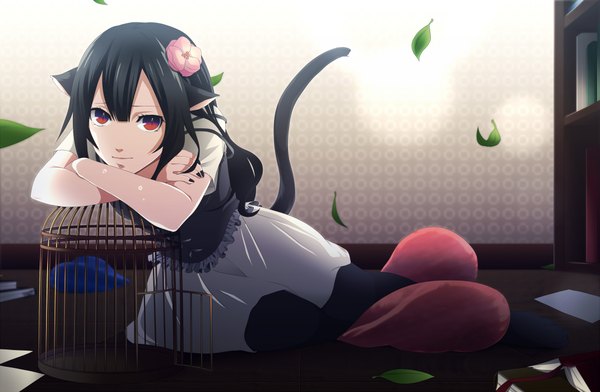 Anime picture 2142x1400 with original sasaka single long hair highres black hair red eyes sitting animal ears tail nail polish hair flower light smile cat ears cat tail crossed arms girl dress hair ornament flower (flowers)