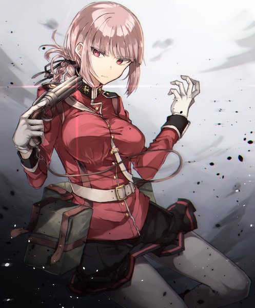 Anime picture 1407x1700 with fate (series) fate/grand order florence nightingale (fate) chibirisu single long hair tall image fringe breasts hair between eyes red eyes large breasts standing holding looking away pink hair braid (braids) long sleeves head tilt pleated skirt