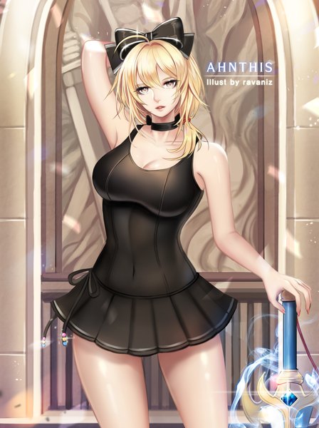 Anime picture 1492x1997 with dungeon and fighter ravaniz single long hair tall image looking at viewer light erotic blonde hair brown eyes girl dress bow weapon hair bow sword short dress