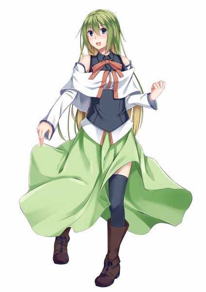 Anime picture 1200x1696 with original karakura0 single long hair tall image blush open mouth blue eyes simple background white background green hair girl thighhighs dress black thighhighs detached sleeves boots