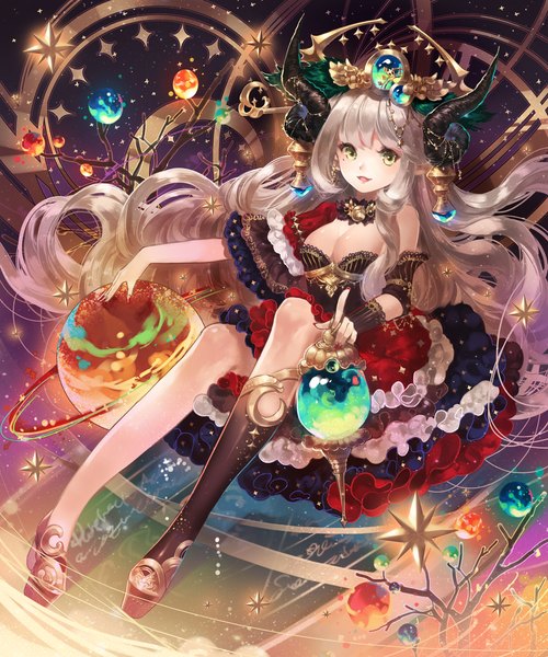 Anime picture 1071x1286 with original seal (pukozin) single tall image looking at viewer yellow eyes silver hair very long hair horn (horns) girl dress frills headdress star (stars) branch planet
