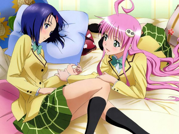 Anime picture 1600x1200 with toloveru xebec lala satalin deviluke sairenji haruna long hair highres short hair purple eyes green eyes blue hair pink hair lying wallpaper uniform school uniform pillow bed