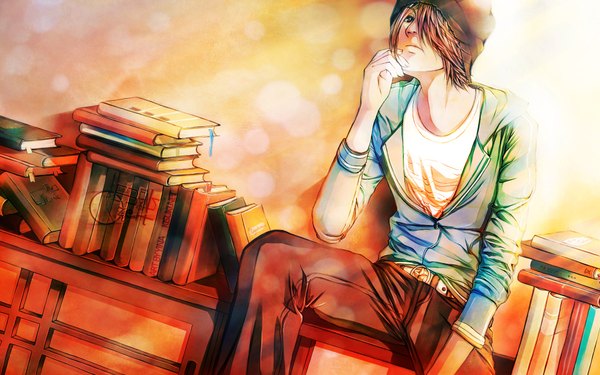 Anime picture 1920x1200 with original tagme (artist) single looking at viewer fringe highres short hair brown hair wide image sitting black eyes hair over one eye hand on face twisty sleeves boy book (books) pants cap