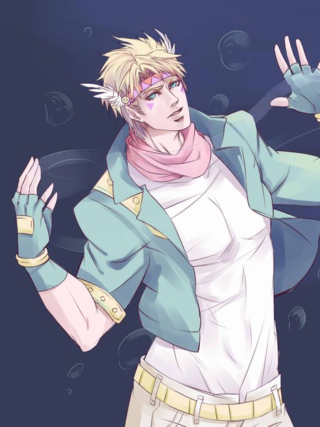 Anime picture 2448x3264 with jojo no kimyou na bouken caesar anthonio zeppeli later (chiyating) single tall image looking at viewer highres short hair blue eyes simple background blonde hair parted lips open clothes open jacket victory dark background boy gloves jacket belt