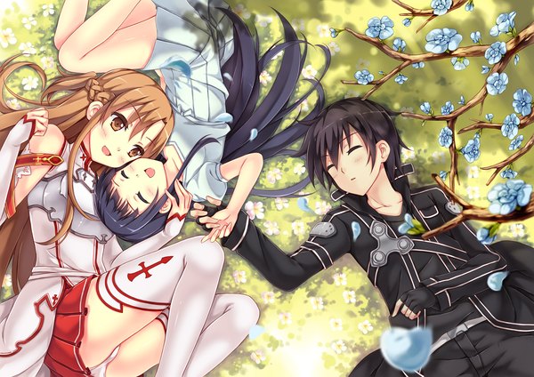 Anime picture 1200x848 with sword art online a-1 pictures yuuki asuna kirigaya kazuto yui (sao) peach88 long hair blush short hair light erotic black hair brown hair multiple girls brown eyes lying eyes closed pantyshot sleeping girl thighhighs