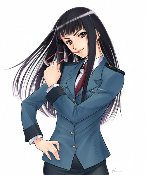 Anime picture 1024x1229 with toshokan sensou production i.g shibasaki asako mamire single long hair tall image looking at viewer fringe black hair simple background smile white background brown eyes head tilt light smile hand on hip girl uniform shirt