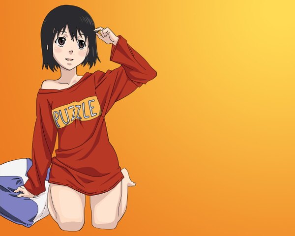 Anime picture 1280x1024 with nhk ni youkoso gonzo nakahara misaki single blush short hair black hair simple background bare shoulders full body parted lips barefoot arm up arm support bare legs grey eyes kneeling looking up clothes writing orange background