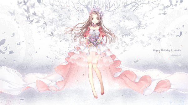 Anime picture 2222x1250 with final fantasy final fantasy vii square enix aerith gainsborough kieta single long hair looking at viewer highres open mouth smile brown hair wide image standing green eyes girl dress hair ornament flower (flowers) petals