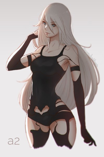 Anime picture 900x1348 with nier nier:automata yorha type a no. 2 koyoriin single long hair tall image fringe blue eyes light erotic smile hair between eyes bare shoulders signed looking away white hair grey background mole character names watermark