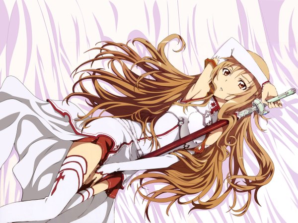 Anime picture 5000x3750 with sword art online a-1 pictures yuuki asuna kawakami tetsuya long hair highres brown hair brown eyes absurdres lying girl thighhighs weapon detached sleeves white thighhighs sword