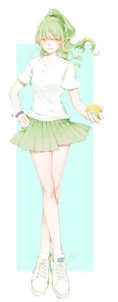 Anime picture 1382x3507 with original moss (2225028) single long hair tall image looking at viewer fringe yellow eyes full body ponytail blunt bangs nail polish parted lips pleated skirt green hair legs hand on hip crossed legs zodiac cancer (zodiac)