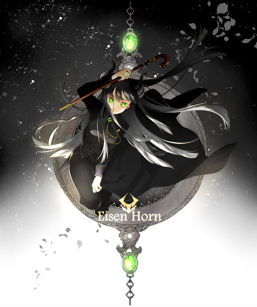 Anime picture 1800x2150 with original masami (souzou jinsei sanka) single long hair tall image looking at viewer highres black hair green eyes horn (horns) dark background girl dress cane