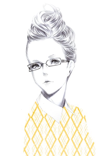Anime picture 1200x1800 with original sousou (sousouworks) single tall image looking at viewer simple background blonde hair white background grey eyes monochrome portrait rhombus girl glasses