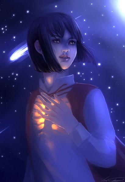 Anime picture 1024x1498 with original sparkyyy (artist) single tall image short hair open mouth blue eyes black hair signed realistic night sky tears shooting star bone (bones) girl star (stars) teardrop