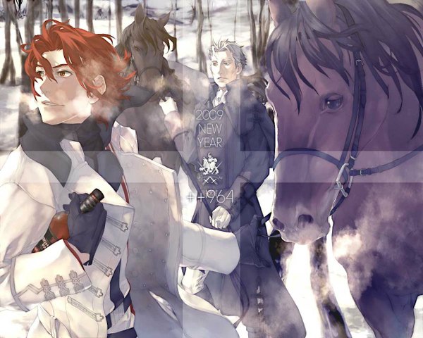 Anime picture 1240x992 with gensou suikoden gensou suikoden ii seed solon jhee kaburaya short hair open mouth red eyes standing holding red hair wind grey hair inscription open clothes multiple boys winter snow exhalation boy