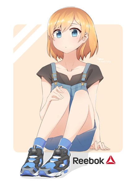 Anime picture 700x956 with shirobako p.a. works reebok miyamori aoi joshua lee single tall image looking at viewer blush fringe short hair blue eyes simple background blonde hair sitting signed arm support shadow hand on knee product placement
