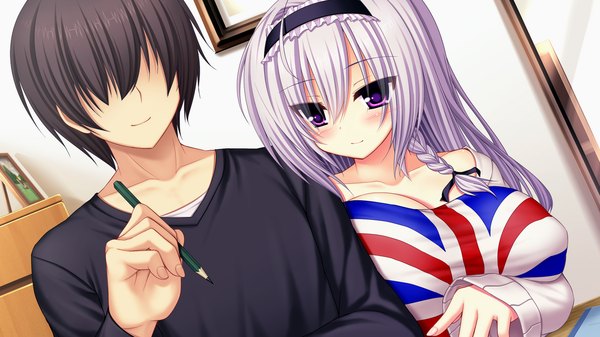 Anime picture 1280x720 with yakimochi stream yukikura mutsuki syroh long hair blush short hair breasts black hair wide image large breasts purple eyes game cg white hair braid (braids) couple no face faceless male girl boy hairband