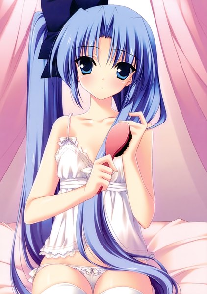 Anime picture 2112x3000 with r.g.b! shiki ai suzuhira hiro long hair tall image highres blue eyes light erotic twintails blue hair scan underwear only girl thighhighs underwear panties bow hair bow white thighhighs