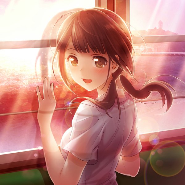 Anime picture 1000x1000 with original yamori (stom) single long hair looking at viewer blush fringe open mouth brown hair twintails brown eyes sky indoors looking back sunlight short sleeves lens flare back happy reflection