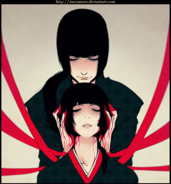Anime picture 1180x1267 with mezamero long hair tall image open mouth black hair simple background eyes closed nail polish traditional clothes japanese clothes inscription couple hand on head girl boy ribbon (ribbons) blood