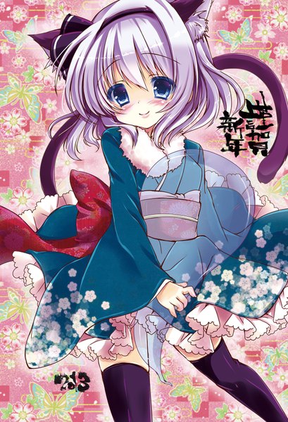 Anime picture 1146x1682 with touhou konpaku youmu honoka (1399871) tall image blush short hair blue eyes smile animal ears silver hair tail traditional clothes japanese clothes animal tail cat ears cat girl cat tail ghost girl thighhighs