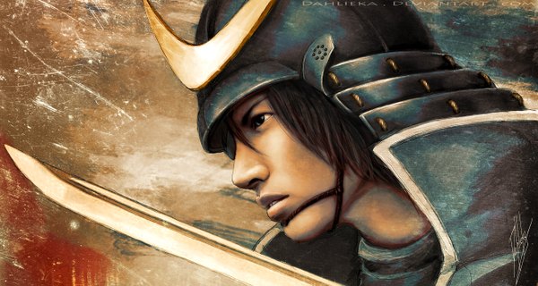 Anime picture 2664x1423 with sengoku basara production i.g date masamune dahlieka single highres short hair blue eyes brown hair wide image signed profile realistic portrait close-up face boy weapon sword helmet