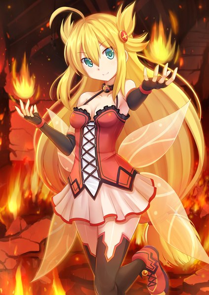 Anime picture 945x1337 with original kazenokaze single long hair tall image looking at viewer blue eyes blonde hair smile girl thighhighs dress black thighhighs wings fire