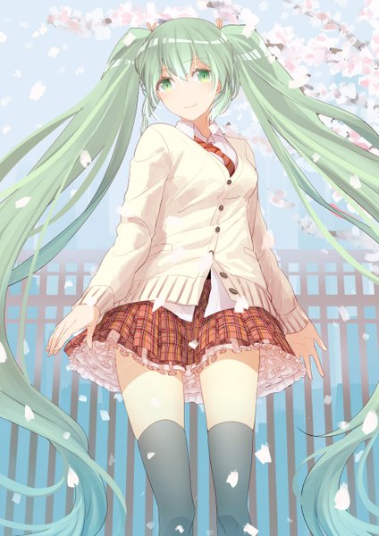 Anime picture 955x1350 with vocaloid hatsune miku touboku single tall image looking at viewer blush twintails green eyes very long hair green hair light smile plaid skirt girl thighhighs skirt uniform black thighhighs school uniform miniskirt
