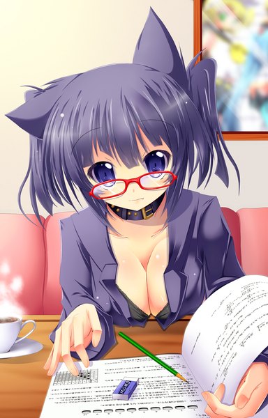 Anime picture 960x1500 with original rankiryuu single tall image looking at viewer short hair breasts blue eyes light erotic animal ears blue hair cleavage girl glasses
