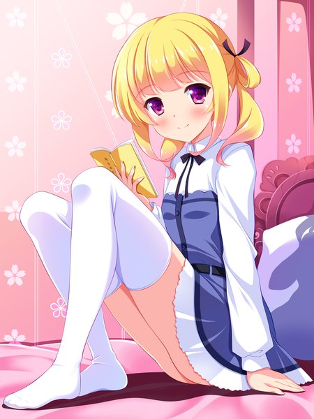 Anime picture 1350x1800 with girlish number kugayama yae bashen chenyue single long hair tall image looking at viewer blush fringe light erotic blonde hair smile sitting purple eyes twintails flat chest hair rings girl thighhighs dress