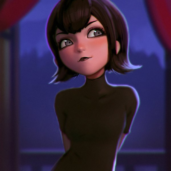 Anime picture 900x900 with hotel transylvania mavis dracula ilya kuvshinov single fringe short hair black hair standing looking away lipstick hands behind back girl turtleneck