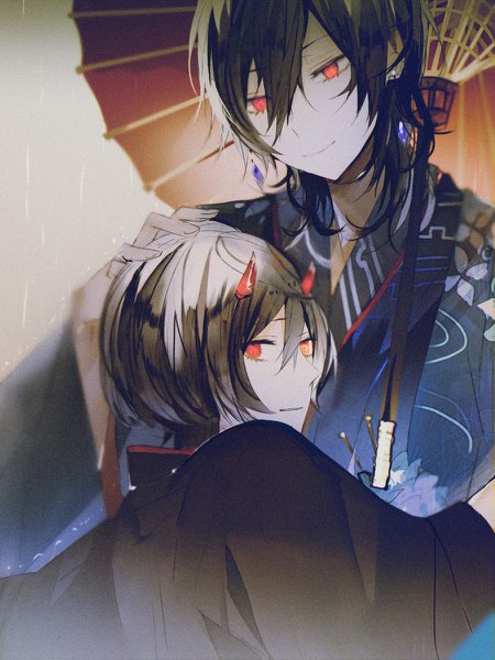 Anime picture 900x1200 with ensemble stars! sakuma rei (ensemble stars!) sakuma ritsu poni (rito) tall image fringe short hair black hair smile hair between eyes red eyes traditional clothes japanese clothes horn (horns) multiple boys rain siblings oni horns hand on another's head brothers