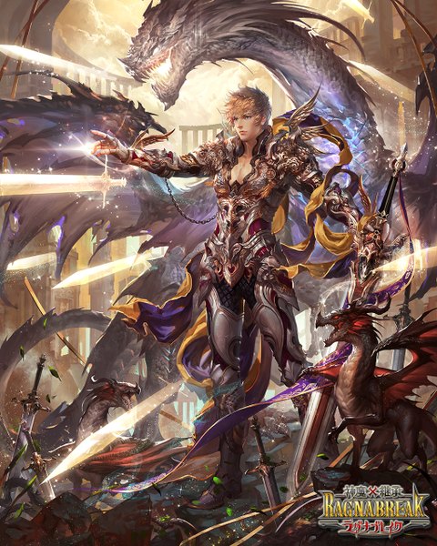Anime picture 1024x1280 with shinma x keishou! ragnabreak original shitsu soku k single tall image fringe blue eyes blonde hair standing holding looking away wind sunlight inscription open clothes grin magic black wings fantasy glow