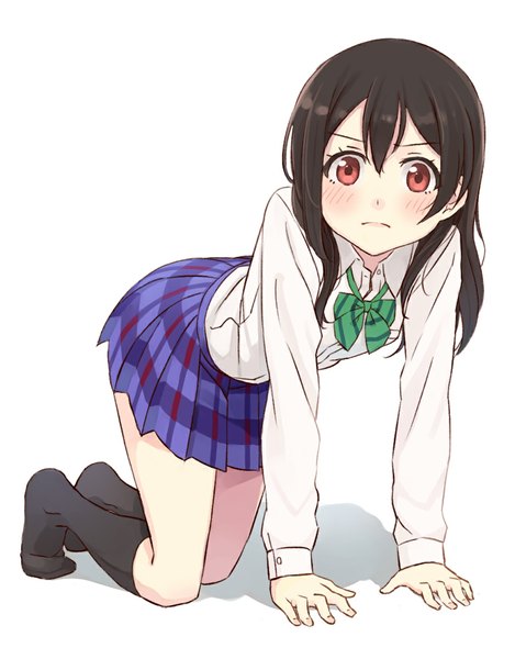 Anime picture 900x1150 with love live! school idol project sunrise (studio) love live! yazawa nico getsumen (artist) single long hair tall image looking at viewer blush fringe black hair simple background red eyes white background pleated skirt no shoes on all fours girl skirt