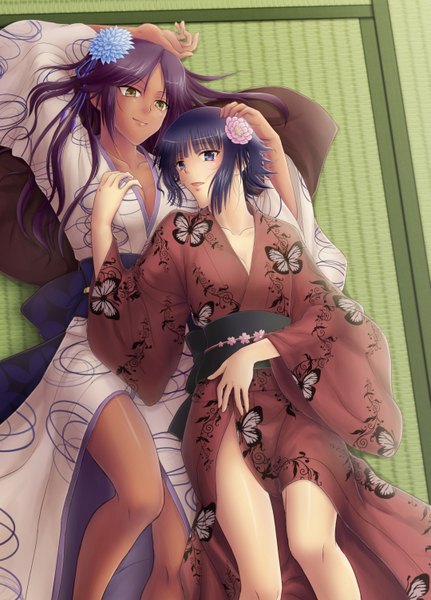 Anime picture 1079x1500 with bleach studio pierrot shihouin yoruichi soifon shizuhime long hair tall image short hair open mouth blue eyes black hair smile multiple girls yellow eyes purple hair lying traditional clothes japanese clothes shoujo ai girl