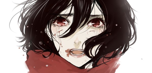 Anime picture 1200x580 with shingeki no kyojin production i.g mikasa ackerman kinky miu single looking at viewer short hair open mouth black hair wide image white background brown eyes teeth tears close-up crying girl scarf blood teardrop