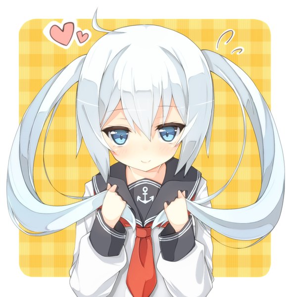 Anime picture 1016x1038 with kantai collection hibiki destroyer rateratte single long hair tall image looking at viewer blush fringe blue eyes smile hair between eyes twintails payot silver hair upper body ahoge long sleeves head tilt alternate hairstyle