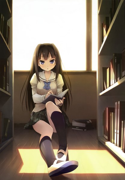 Anime picture 4085x5883 with kantoku tall image highres blue eyes brown hair absurdres girl serafuku book (books) shelf bookshelf